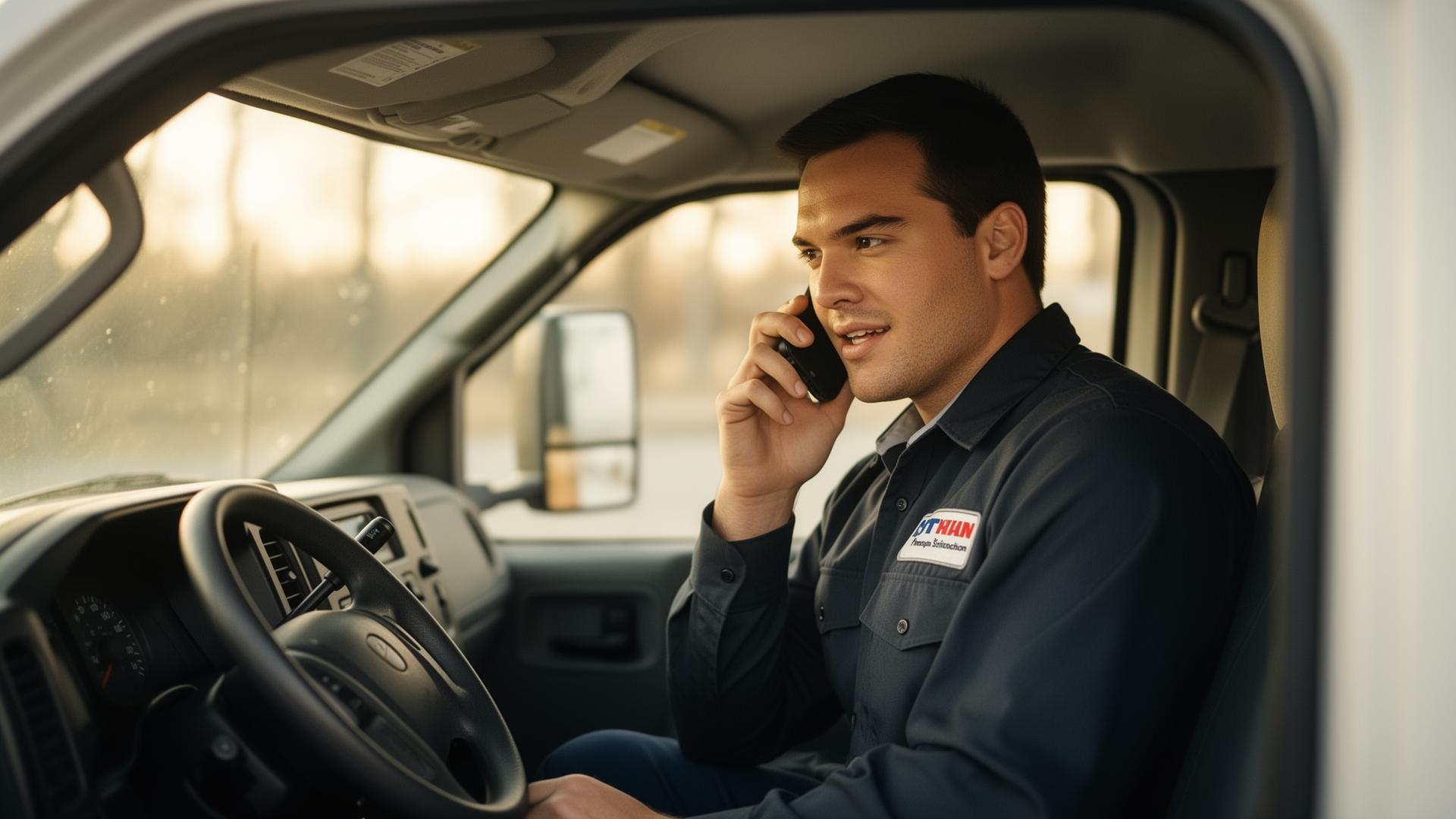 A service business owner answering a phone call in their work truck.